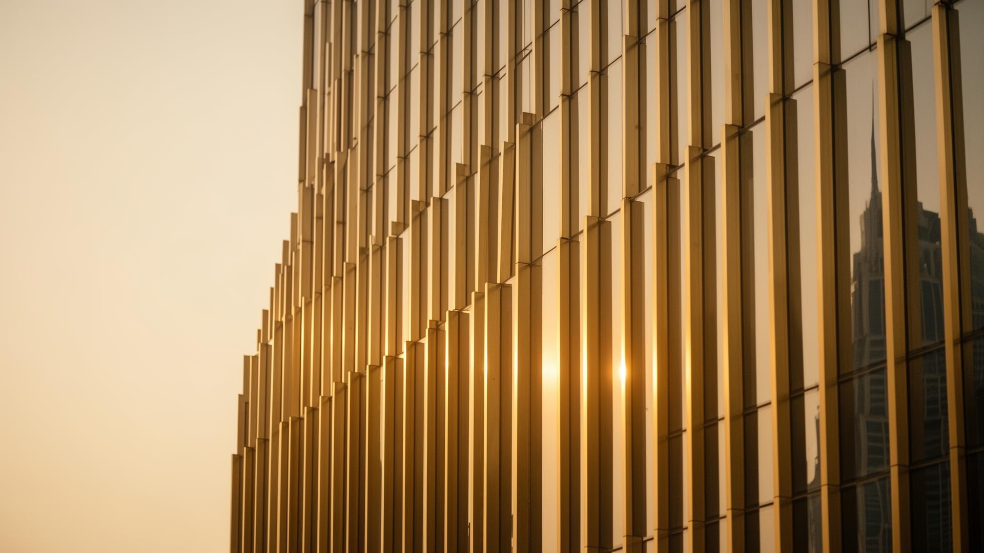 Luxury architectural façade with brass fins at golden hour